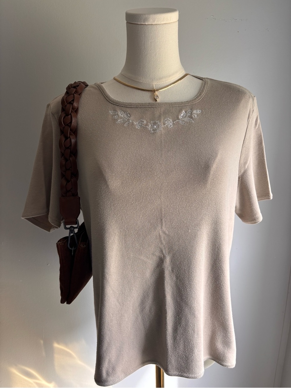 Jaclyn Smith Tan & Cream Short-Sleeve Tee with Floral Embroidery